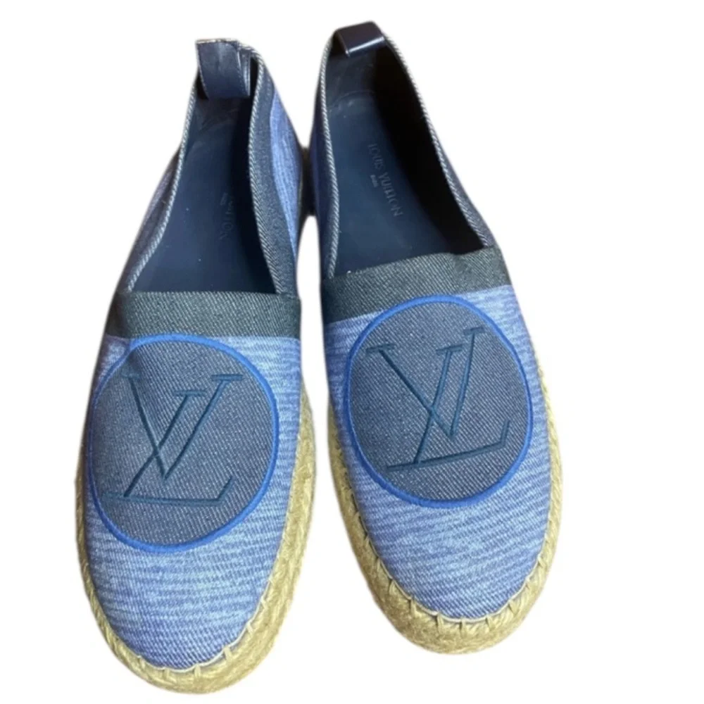 New Louis Vuitton Blue Denim Platform Espadrilles Flats LV Logo - 38.5Minor Flaw